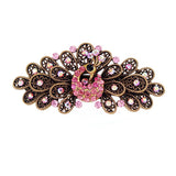 Antique Brass Rhinestone Peacock Hair Barrette Pink