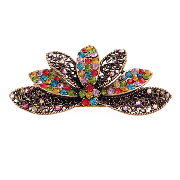 Antique Brass Hair Barrette Rhinestone Flower Petals Multi-Colored