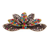 Antique Brass Hair Barrette Rhinestone Flower Petals Multi-Colored