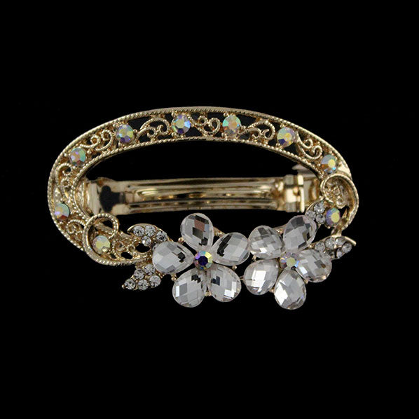 Gold Finish Oval Princess Barrette w/ Rhinestone Flowers Blue