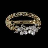 Gold Finish Oval Princess Barrette w/ Rhinestone Flowers Blue