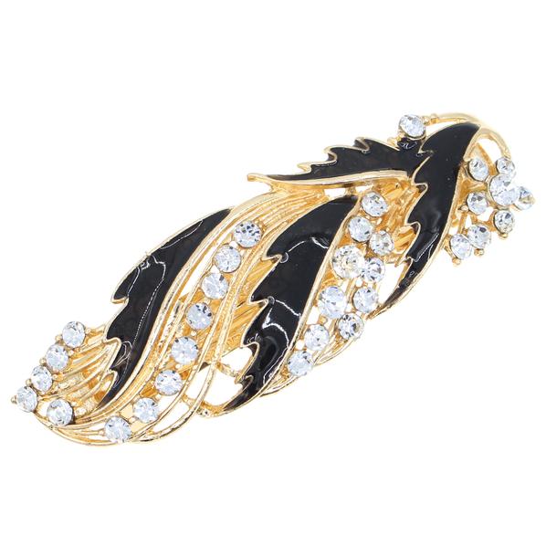 Leaf Enamel Barrette with Rhinestones Black