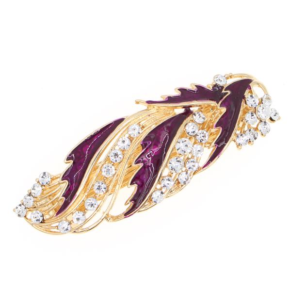 Leaf Enamel Barrette with Rhinestones Purple