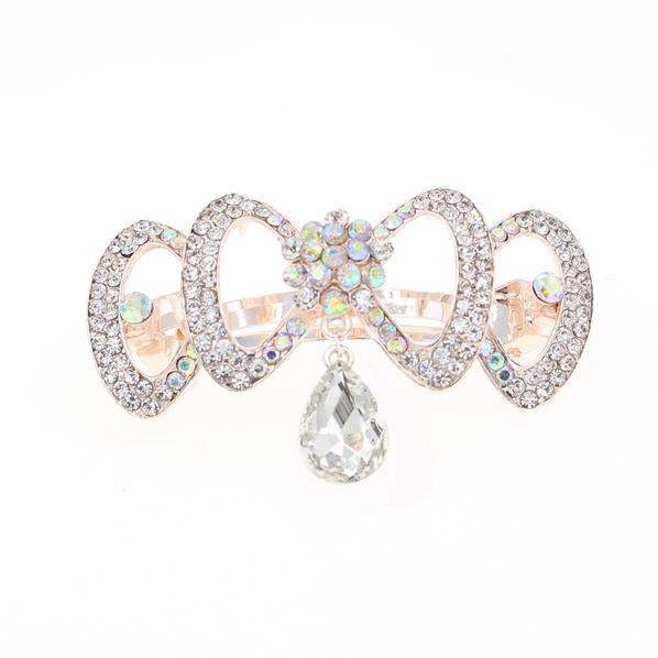 Gold Finish Rhinestone Hair Barrette Bow with Teardrop Clear