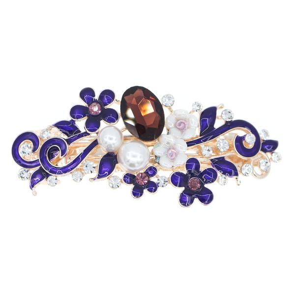 Enamel Floral Barrette with Rhinestones and Glass Pearls Blue