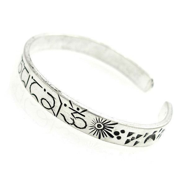 Tibetan Silver Filigreed Mantra Thin Cuff Bracelet 0.25" Wide