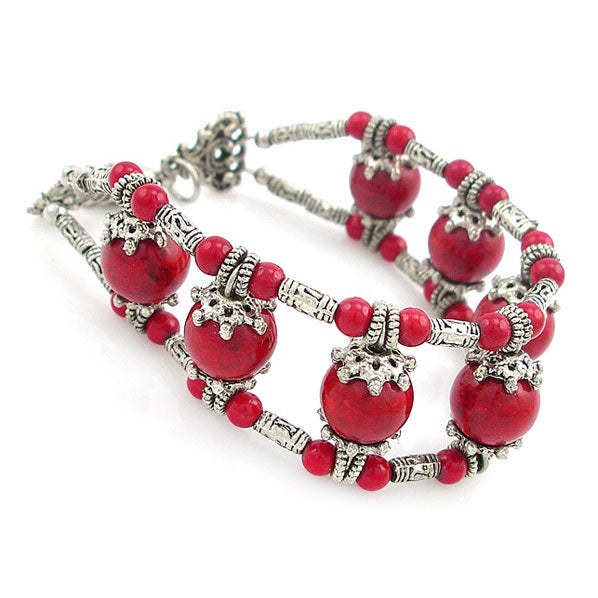 Tibetan Silver and Coral Bracelet 0.8" Wide