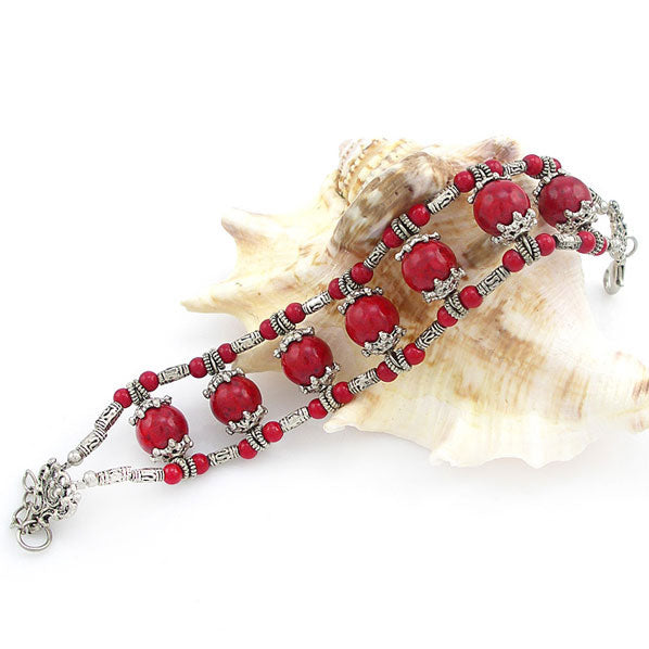 Tibetan Silver and Coral Bracelet 0.8" Wide