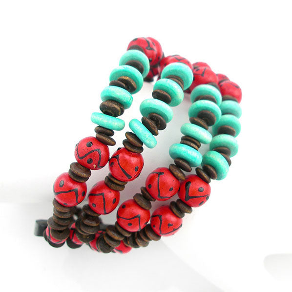 Tibetan Style Painted Wood Beads Bracelet 1.7" wide