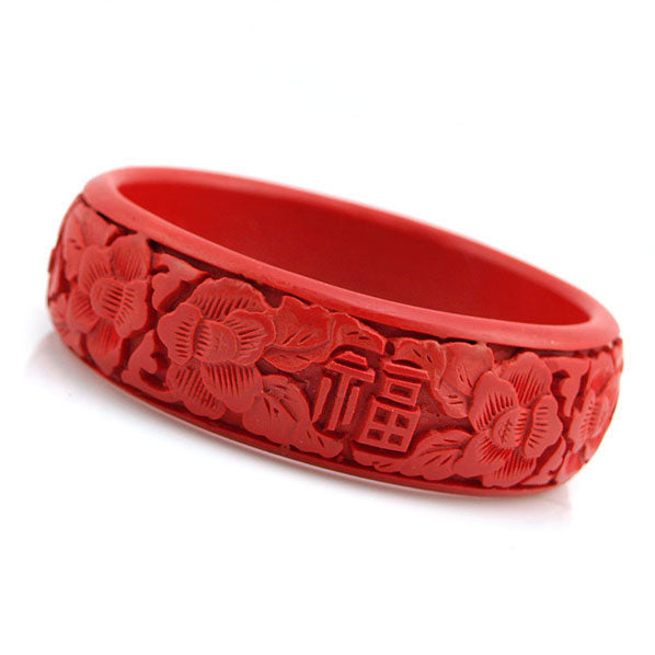 Handmade Chinese Carved Lacquer "FU" Bangle Bracelet 0.75"