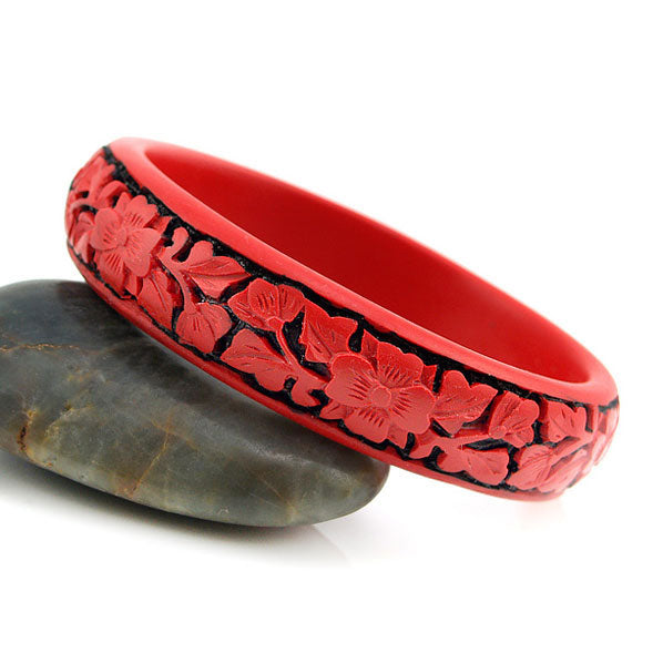 Handmade Chinese Carved Lacquer Floral Bangle Bracelet 0.65"