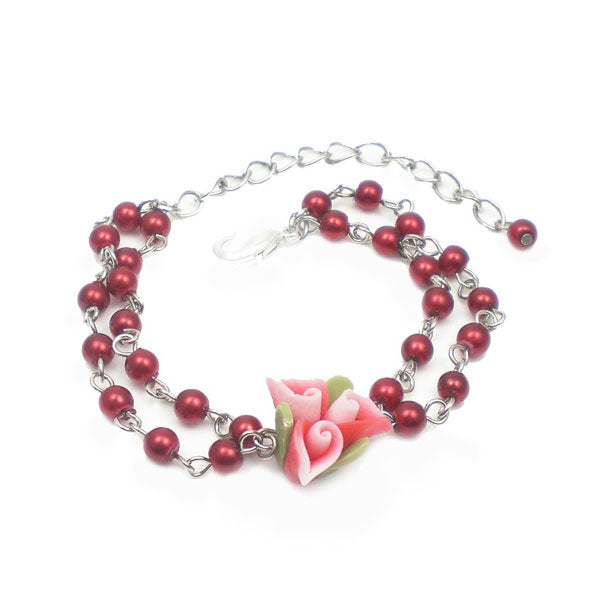 Polymer Flower and Pearl Cuff Bracelet Blue
