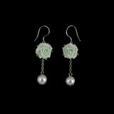 Polymer Rose and Pearl Earrings Green