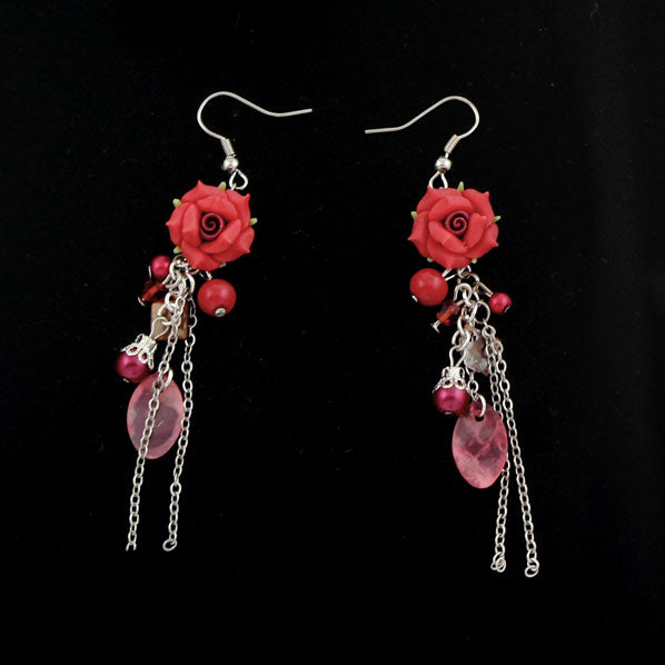 Polymer Rose and Shell Earrings Red