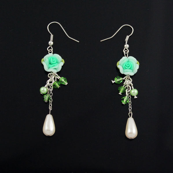 Polymer Rose and Teardrop Pearl Earrings Green