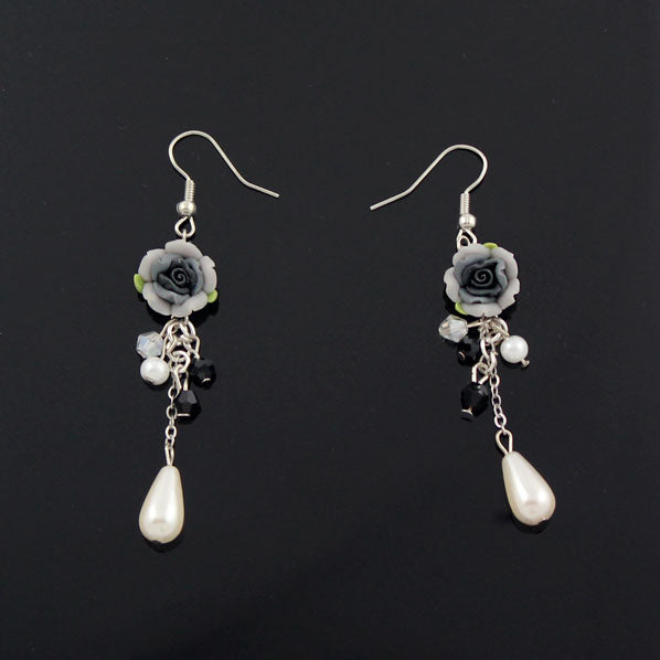 Polymer Rose and Teardrop Pearl Earrings Black