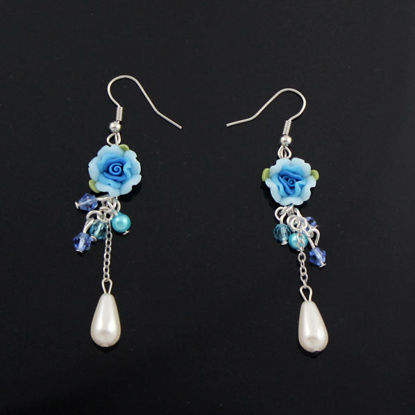 Polymer Rose and Teardrop Pearl Earrings Blue