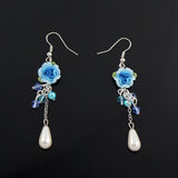Polymer Rose and Teardrop Pearl Earrings Blue