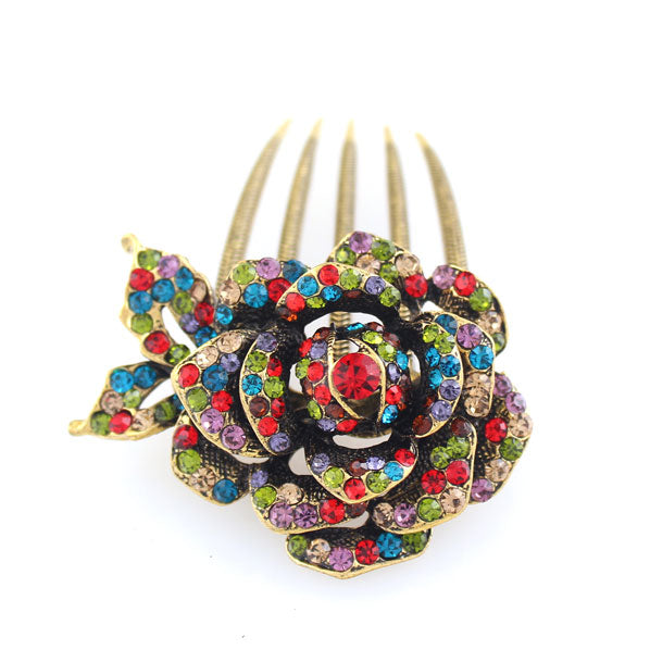 Antique Brass Topaz Rhinestone 3D Rose French Twist Comb