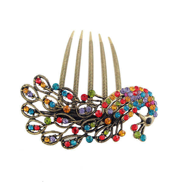 Antique Brass Rhinestone Blue Peacock French Twist Comb
