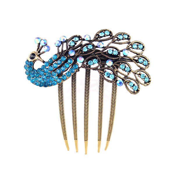 Antique Brass Rhinestone Black Peacock French Twist Comb