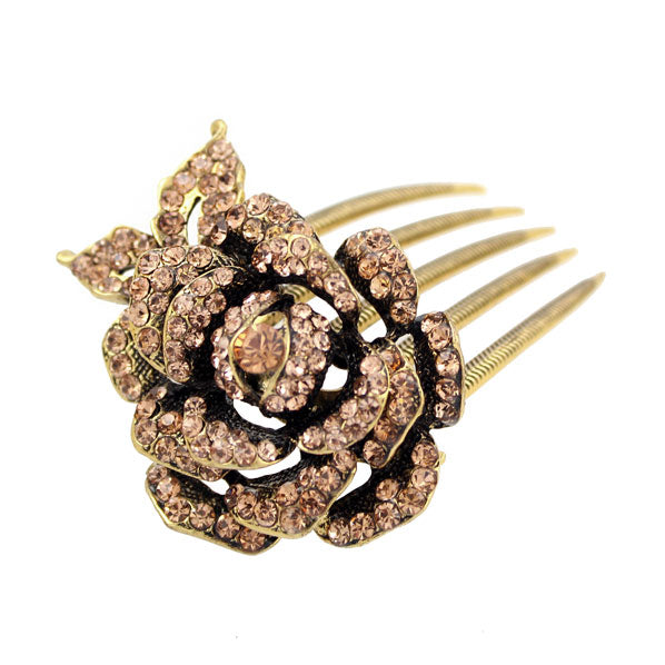 Antique Brass Pink Rhinestone 3D Rose French Twist Comb