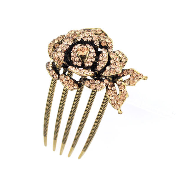 Antique Brass Blue Rhinestone 3D Rose French Twist Comb