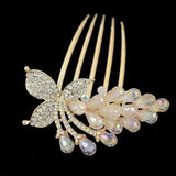 Gold Finish Champagne & Pink Rhinestone Floral French Twist Comb