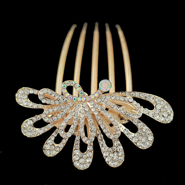 Gold Finish Purple Floral Rhinestone French Twist Comb