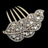 Gold Finish Rhinestone & Pearl Leaf French Twist Updo Comb White