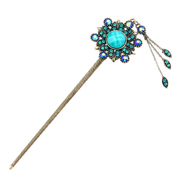 Rhinestone Antique Brass Hair Stick Circle with Tassels