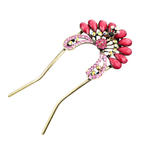 Czech Rhinestone 2-Prong Hair Stick Fork Peacock