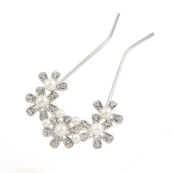 Czech Rhinestone & Pearl 2-Prong Bridal Hair Stick Fork Flowers