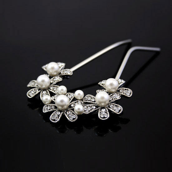 Czech Rhinestone & Pearl 2-Prong Bridal Hair Stick Fork Flowers