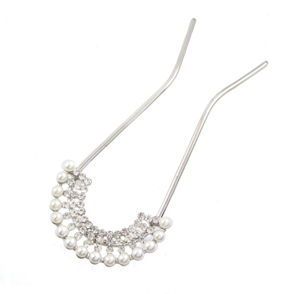 Czech Rhinestone & Pearl 2-Prong Bridal Hair Stick Fork Burst