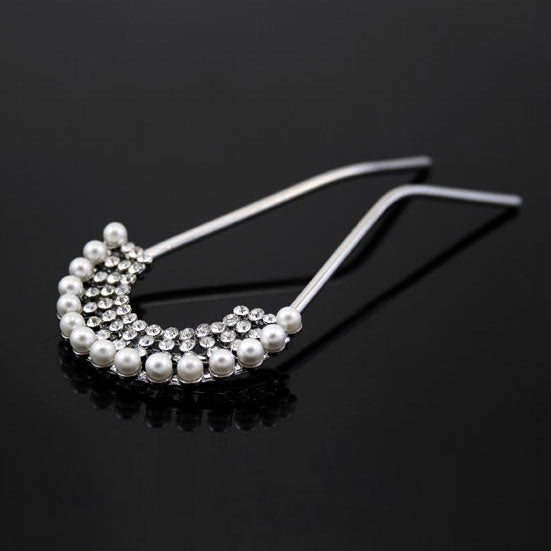 Czech Rhinestone & Pearl 2-Prong Bridal Hair Stick Fork Burst