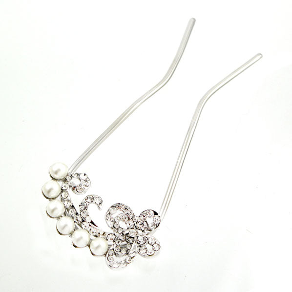 Czech Rhinestone & Pearl 2-Prong Bridal Hair Stick Fork Butterfy