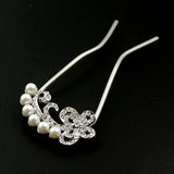 Czech Rhinestone & Pearl 2-Prong Bridal Hair Stick Fork Butterfy