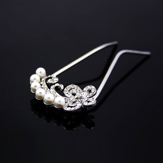 Czech Rhinestone & Pearl 2-Prong Bridal Hair Stick Fork Butterfy