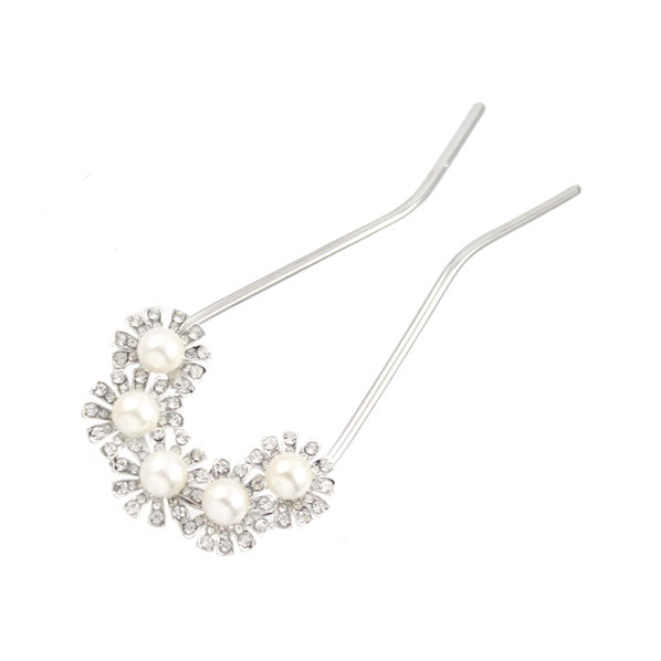 Czech Rhinestone & Pearl 2-Prong Bridal Hair Stick Fork Flowers