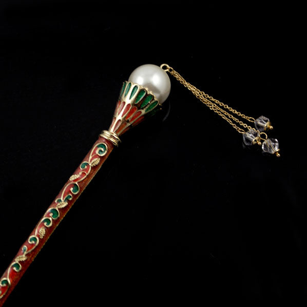 LUX Enamel Hair Stick with Pearl and Swarovski Crystal Tassels