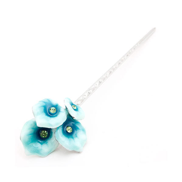 Enamel Flowers with Swarovski Rhinestones Hair Stick Blue
