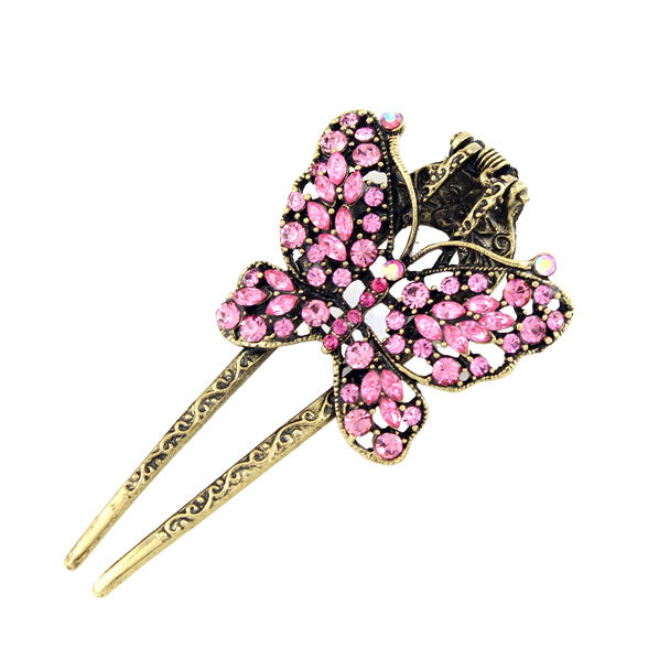 Antique Brass Rhinestone Butterfly Hinged Hair Claw Clip Fork Purple
