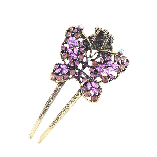 Antique Brass Rhinestone Butterfly 2-prong Hair Fork Claw