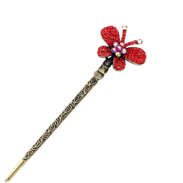 Purple Rhinestone Butterfly Antique Brass Finish Hair Stick