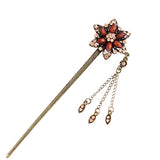 Rhinestone Antique Brass Finish Hair Stick Star Flower with Tassels