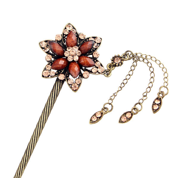 Rhinestone Antique Brass Finish Hair Stick Star Flower with Tassels