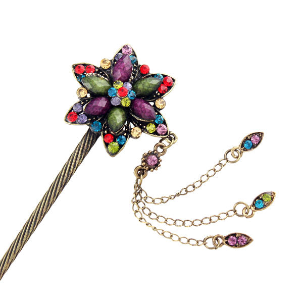 Rhinestone Antique Brass Finish Hair Stick Star Flower with Tassels
