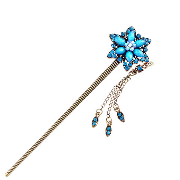 Rhinestone Antique Brass Finish Hair Stick Star Flower with Tassels