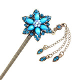 Rhinestone Antique Brass Finish Hair Stick Star Flower with Tassels